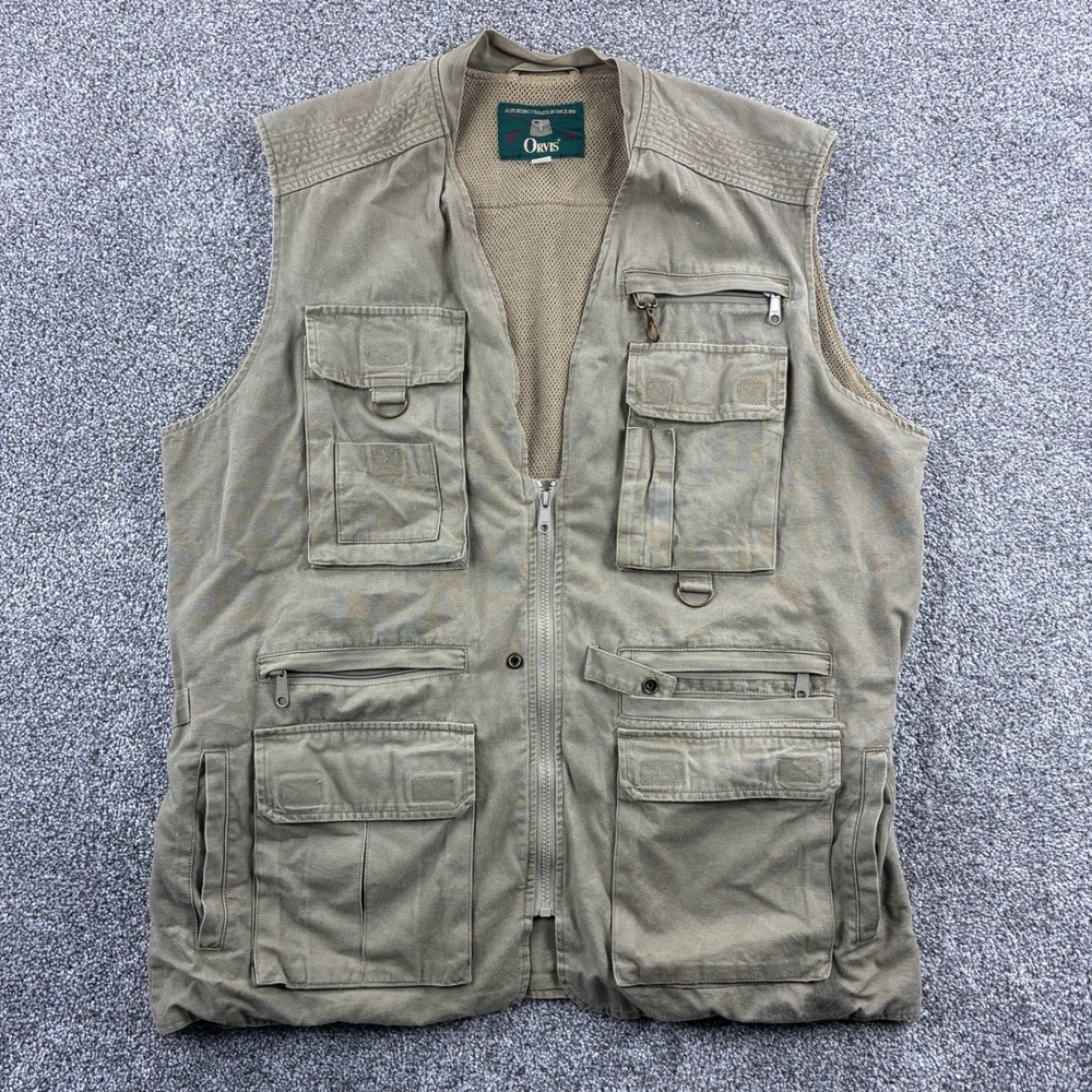 Vintage Orvis Fishing Vest Mens Large Khaki Cotton Multi-Pocket Utility Gorpcore
